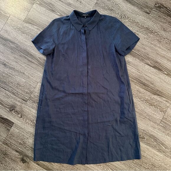 Lafayette 148 Navy Linen Blend Short Sleeve Button Down Dress - Picture 1 of 8